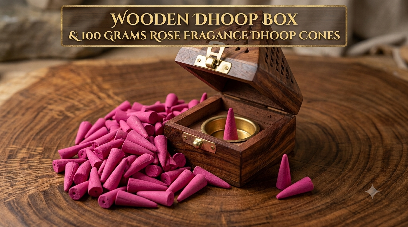 Wooden dhoop box and 100 Grams ROSE Fragance dhoop cones