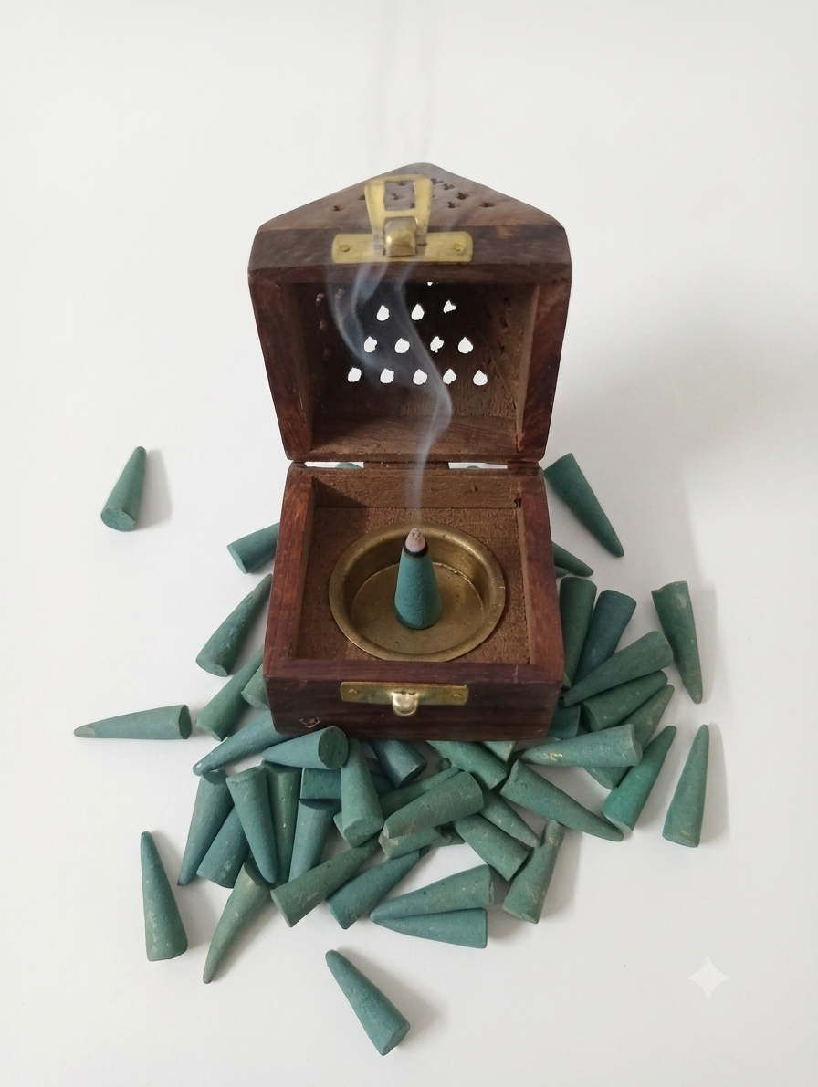 Wooden dhoop box and 100 Grams Dashang fragrance dhoop cones
