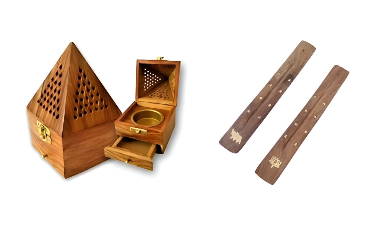 Combo Pack of 2, Handmade Wooden Incense Holder, dhoop Stick Box,  2 Pieces of ash Catcher