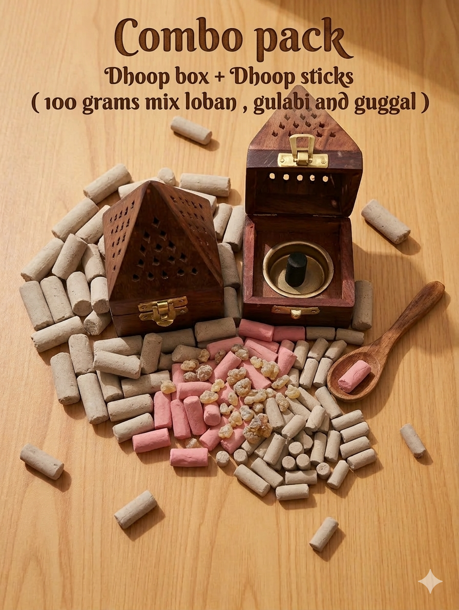 Combo pack of wooden dhoop box and 100 grams of dhoop sticks ( mix of gulabi , loban , and guggal )