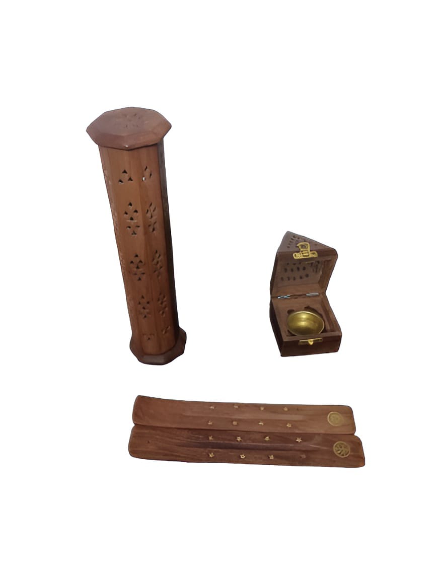 Combo Pack of 3,  Wooden, dhoop Stick Box, Tower Shaped agarbatti Box, 2 Pieces of ash Catcher