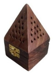Handcrafted Wooden Incense Cone Burner Box, Pyramid Shape with Perforated Design,  Brass Clasp