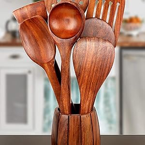 Handcrafted Shesham Wood Kitchen Utensil Set, 7-Piece Wooden Cooking Spoons with Storage Holder,